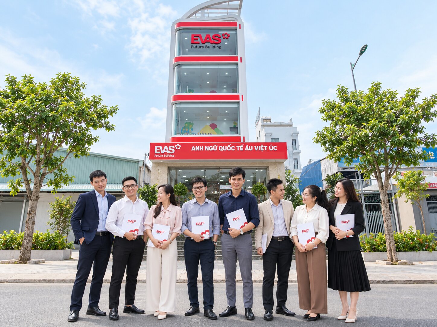 Đội ngũ EVAS trước toà nhà Anh ngữ Quốc tế Âu Việt Úc