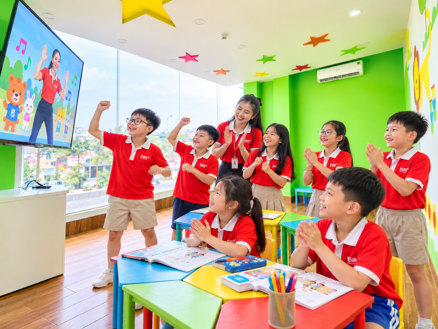 Cô giáo và học viên EVAS học tiếng Anh qua hình ảnh và âm nhạc trong lớp học